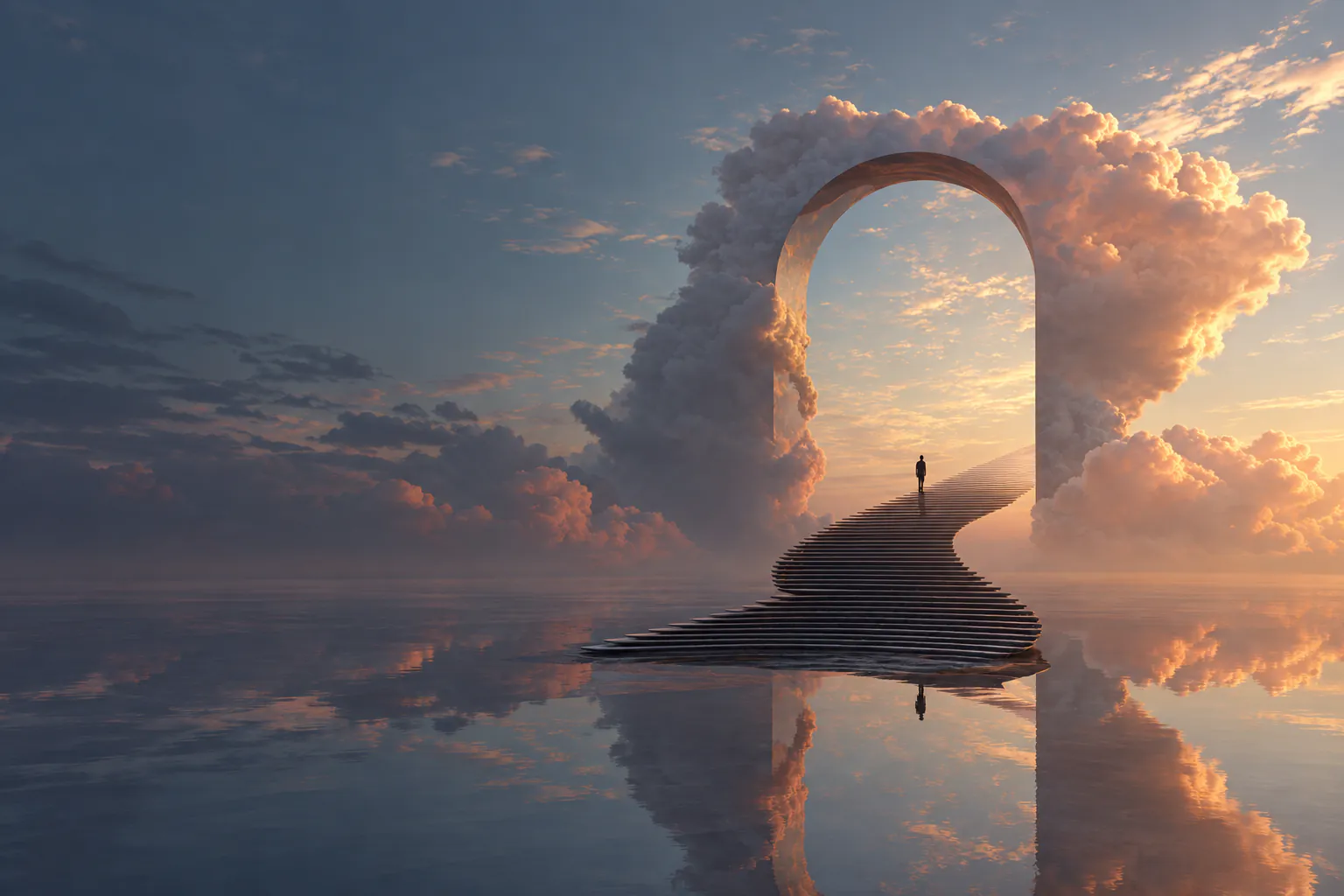 Una scalinata verso un arco tra le nuvole